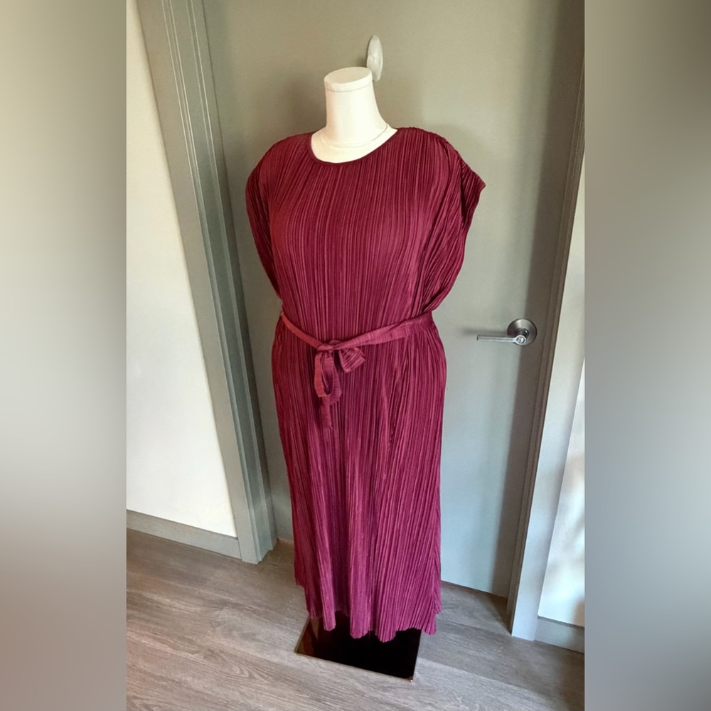 Dress Forum Burgundy Pleated Maxi Dress with Waist Tie - XL